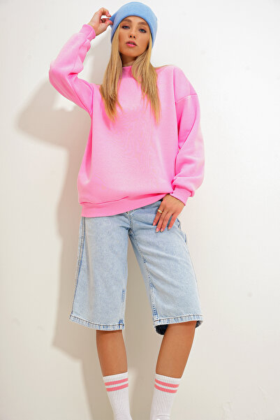 Trend Alaçatı Stili Hanorac supradimensionat roz - jumătate de gât țesut, raster 3 fire ALC-X12627