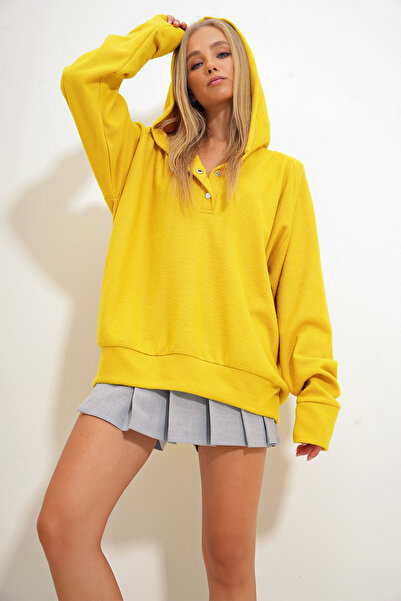 Trend Alaçatı Stili Hanorac supradimensionat cu glugă muștar - Închidere cu apăsare, ALC-X11146