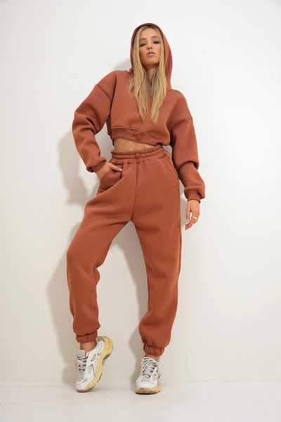 Trend Alaçatı Stili Set aus ziegelfarbenem Damen-Sweatshirt und Hose mit elastischem Bund – 3 Fäden ALC-X12623