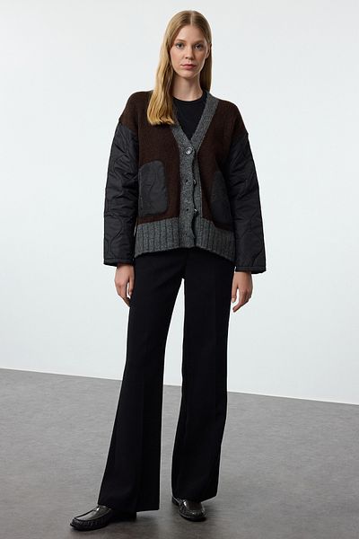Trendyol Collection Color Blocked Anthracite Knitwear Cardigan - Soft Texture, Quilted Detail Twoaw25Hi00294