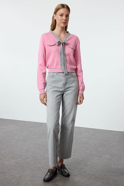 Trendyol Collection Knitwear Cardigan with Gray Ribbon Bow Detail - Twoaw25Hi00246