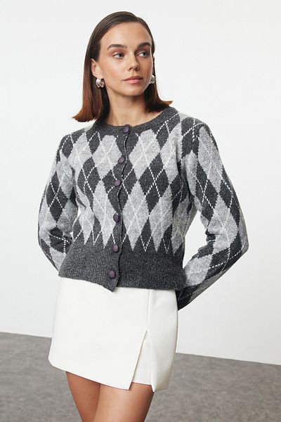 Trendyol Collection Anthracite Knitwear Cardigan - Boucle Jacket Look, Twoaw25Hi00261
