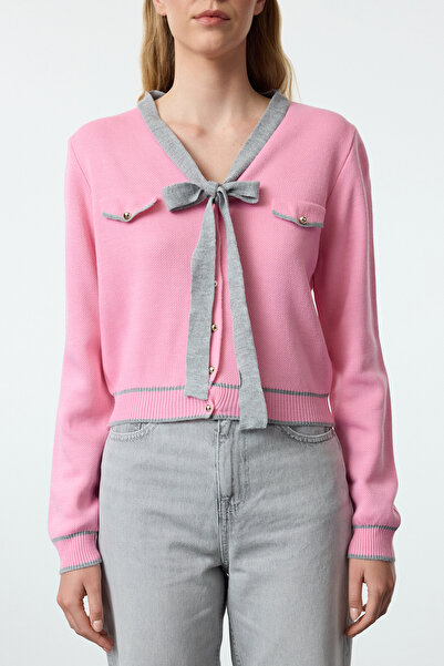 Trendyol Collection Knitwear Cardigan with Gray Ribbon Bow Detail - Twoaw25Hi00246