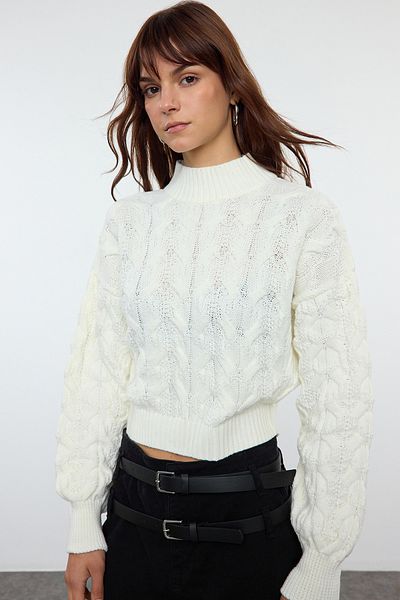 Trendyol Collection Ecru Crop Knitwear Svetr se stojatým límečkem TWOAW22KZ1634