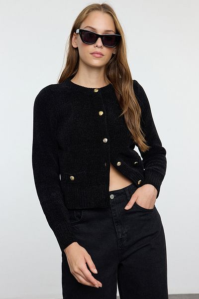 Trendyol Collection Prémiový černý pletený cardigan - speciální příze s detailem kapsy Twoaw24hi00051