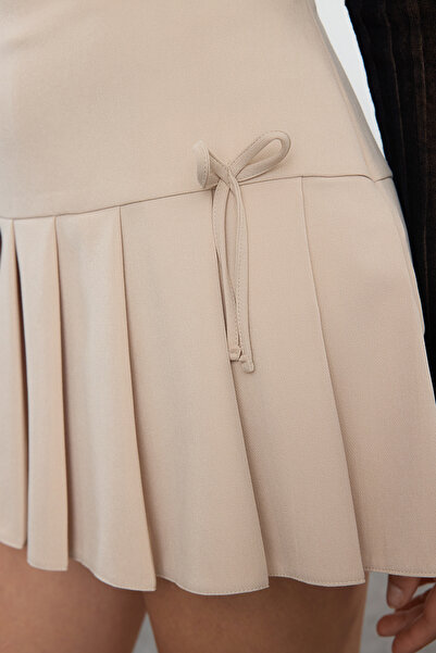 Trendyol Collection Woven Mini Skirt - Dark Beige, Pleated and Bow Detail Twoaw25Et00061