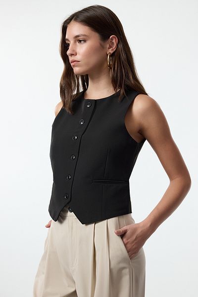 Trendyol Collection Black Fitted Crop Woven Vest Twoaw25Ye00055