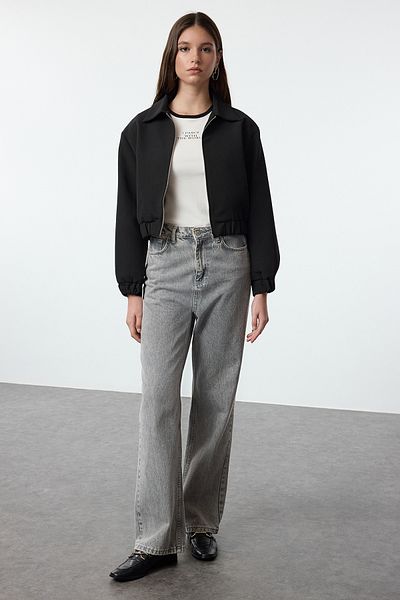 Trendyol Collection Черно тъкано яке с цип и яка на риза Twoaw25Ce00040