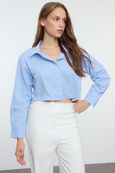 Trendyol Collection Cămașă crop albastră cu detaliu în piatră - mucegai cu vată, TWOAW25GO00046