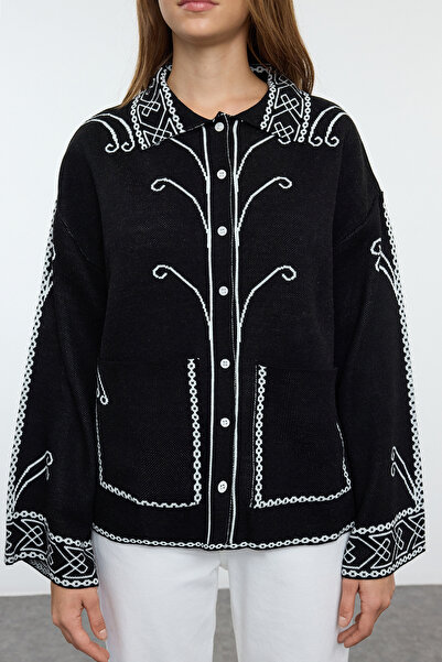 Trendyol Collection Ethnic Patterned Black Knitwear Cardigan - TWOAW25HI00214