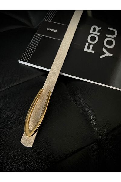 Fiori Curea lungă de damă bej - cu cataramă aurie, subțire pentru haină, cămașă și rochie