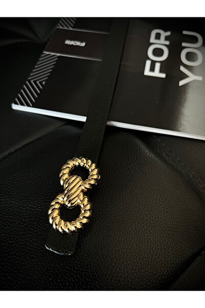 Fiori حزام نسائي أسود رفيع - إبزيم ذهبي ملتوي، للسترة والقمصان واللباس