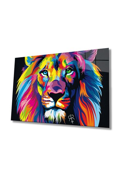 TanerArt Цветна картина с лъв и животни от стъкло за дома и офиса, стенен декор, подарък, голяма картина, издръжливо стъкло