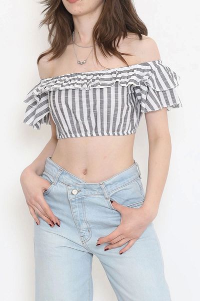 EFTELİA Smoke White Striped Crop Blouse - 18426.631.