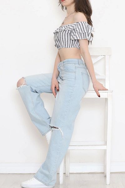 EFTELİA Smoke White Striped Crop Blouse - 18426.631.