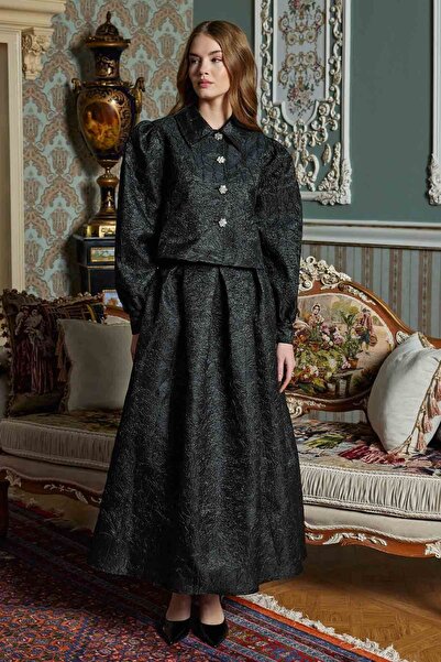 Hooopstore Taş Düğmeli Siyah Brokar Etekli Takım