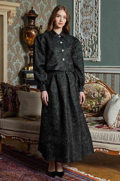 Hooopstore Black Brocade Skirt and Stone Button Suit