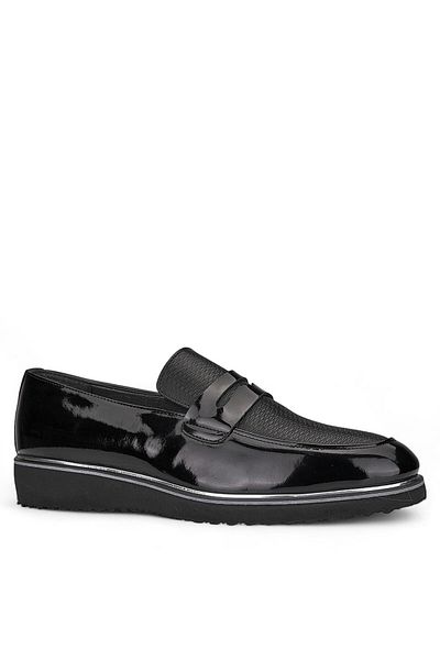 İmerShoes Pantofi casual pentru bărbați din piele lacuită neagră - Pantofi cu centură de mire și talpă P-616