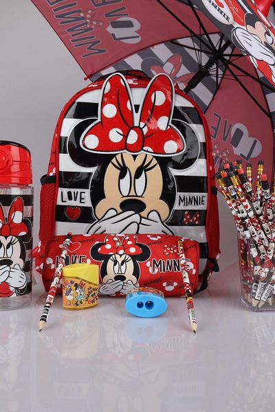 Minnie Mouse ديكوموس مرخص لرياض الأطفال وحقيبة أقلام رصاص مع مظلة، قارورة، قلم رصاص مع ممحاة 2 قطعة، قلم رصاص
