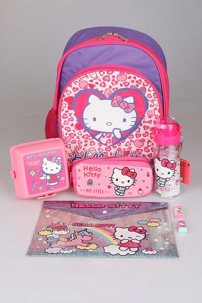 Hello Kitty حقيبة مرخصة للمدرسة والتغذية - مجموعة أقلام وقارورة وقرطاسية