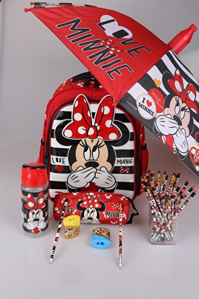 Minnie Mouse DEKOMUS LİSANSLI OKUL VE KALEM ÇANTASI İLE ŞEMSİYE,MATARA,2 ADET SİLGİLİ KURŞUN KALEM,KALEMTRAŞ SETİ