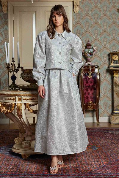 Hooopstore Gray Brocade Skirt and Stone Buttoned Suit