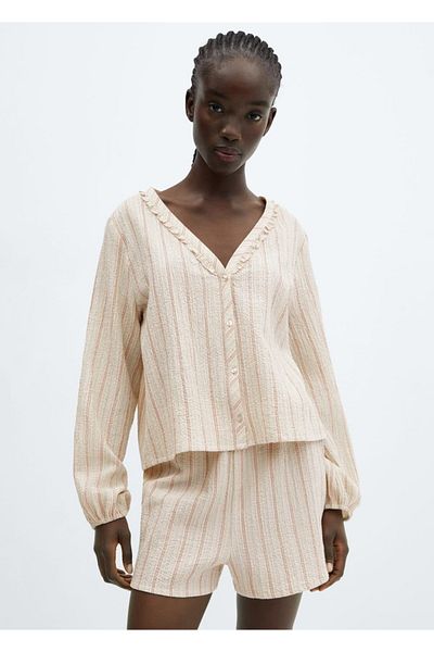 MANGO Woman Two Piece Textured Cotton Pajamas