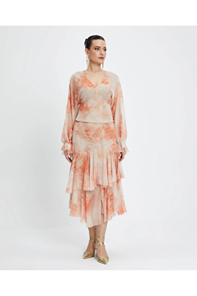 SERPİL V Yaka Balon Kol Eteği Asimetrik Kesim Turuncu Takım 39522