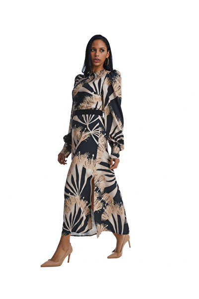 SERPİL Desenli Kuşaklı Siyah Elbise 39023