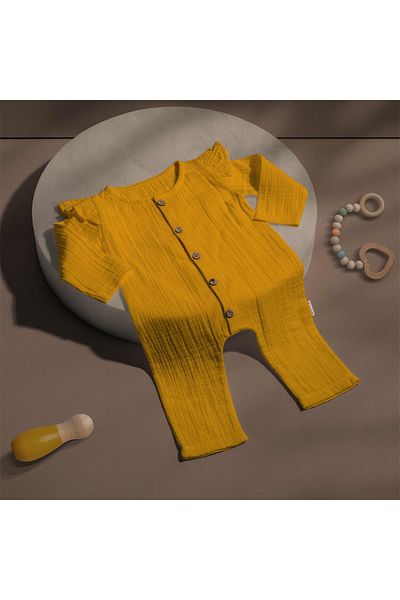 Tiffany Saffron Colored Long Sleeve Ruffle Double Layer Muslin Jumpsuit