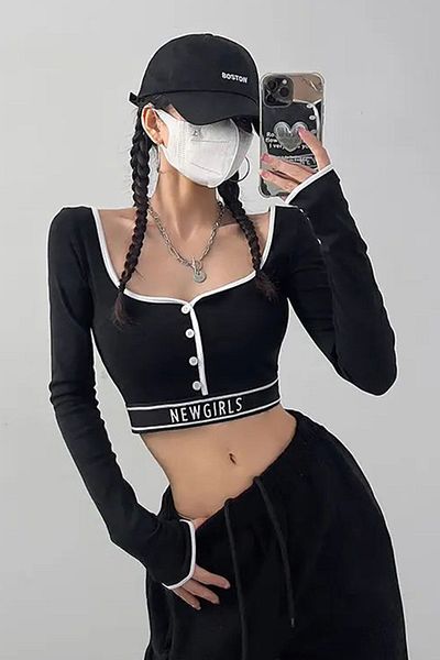 Köstebek Newgirls Black Crop T-Shirt - White Stripe, Long Sleeve