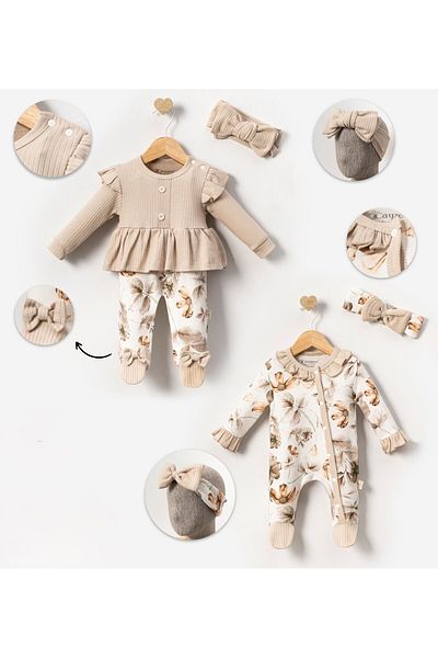 Bulut Baby Rose Flower Patterned Baby Girl Jumpsuit - Pack of 2