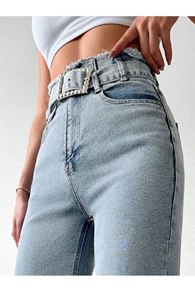 Swet Shop Jeans Curea de damă cu talie înaltă, talie ciucuri picior ciucuri Blue Snow Wash Palazzo blugi