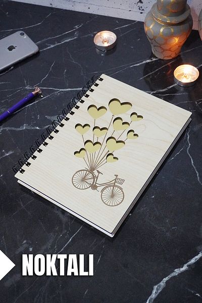 markcat Bicycle Balloon Notebook with Wooden Cover - Dotted Agenda and School Notebook (A5 - 120 Pages)