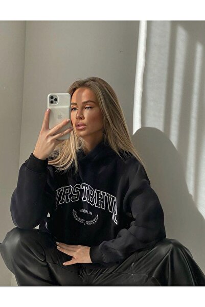 BENROMA سويت شيرت أسود مطبوع بتصميم كبير الحجم للجنسين من القطن الممشط بثلاث ...