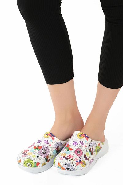 Epilla White Floral Patterned Orthopedic Women's Slippers - Collared Patterned, for Doctor Nurse Cook