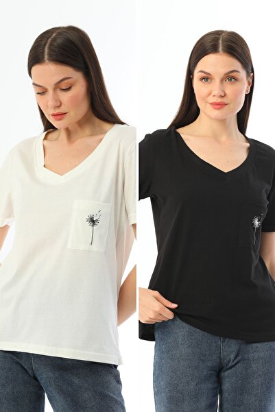 kallima Pack of 2 Ecru-Black V-Neck Comfortable Fit Embroidered 100% Cotton T-Shirt