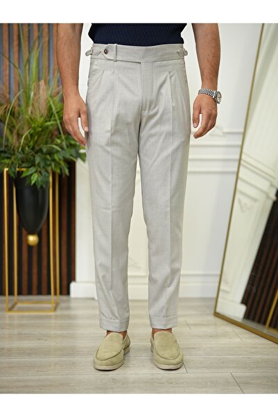 Pantolonia Light Gray Italian Style Slim Fit Pleated Buckle Fabric Trousers