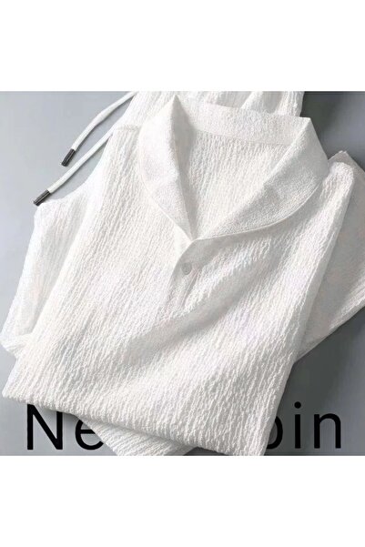 NewCabin Summer Lycra White T-Shirt and Sweatpants Set - Κοντό μανίκι, τυλιγμένο τσαλακωμένο ύφασμα, σετ 2