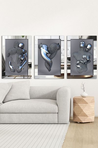 Evinemoda Sculptură artistică cu tematică dragoste 3 bucăți pictură din plexiglas argintiu cu ramă în oglindă