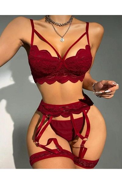 DESİLE Linda Claret Red 5 Piece Fancy Garter Set