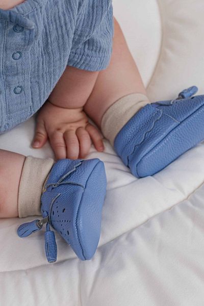 Little Gusto Blue Leather Baby Booties - with Buckle