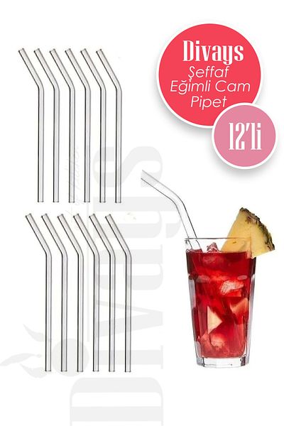 DİVAYS Transparent Inclined 12-Piece Glass Straw |   12 Glass Straws
