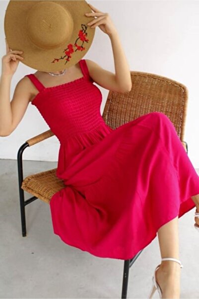 KaSheHa Fuşya Kalın Askılı Eteği Fırfırlı Üstü Gipeli Yazlık Elbise 125 Cm