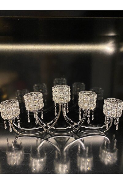 Cemile Kristal Taşlı 5 Kollu Şamdan Mumluk Gümüş Platin