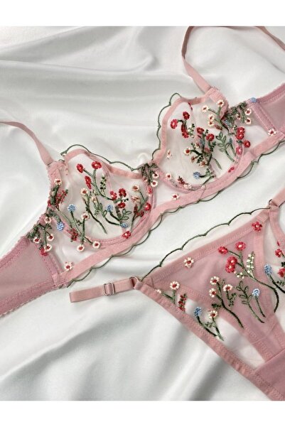 ARONA Σετ σουτιέν με ροζ φλοράλ μοτίβο δαντέλα