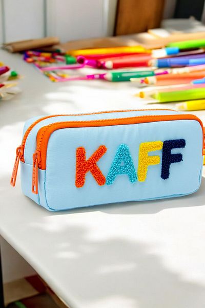KAFF 01108 Μπλε Χρώμα Πορτοκαλί Φερμουάρ Αδιάβροχο Bondit Υφασμάτινο Λούτρινο Εκτυπωμένο Διπλό Θήκη για στυλό