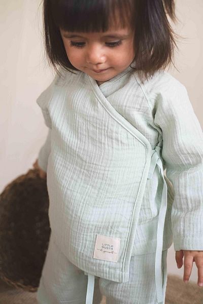 Little Gusto Double Breasted Collar Muslin Baby Jacket Green Organic Cotton