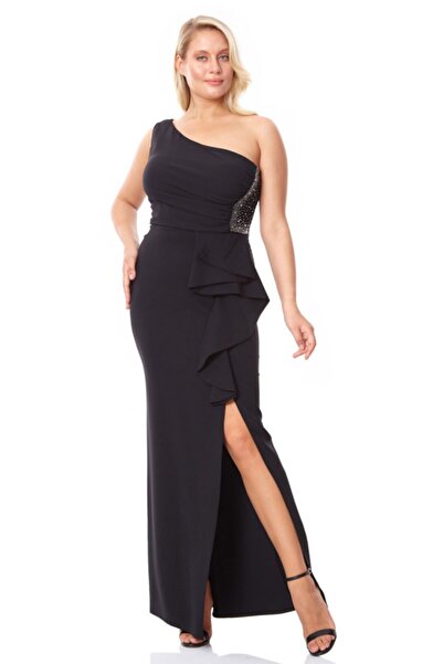 Arden Siyah Abiye Elbise, Zarif Krep Tek Omuz Yırtmaçlı Taş Detay Uzun Elbise...