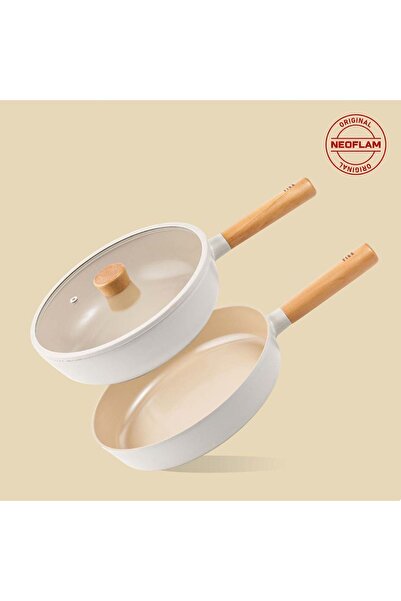 NEOFLAM Fika Bej 3 Parça Pratik 26 cm Cam Kapaklı Tava Seti